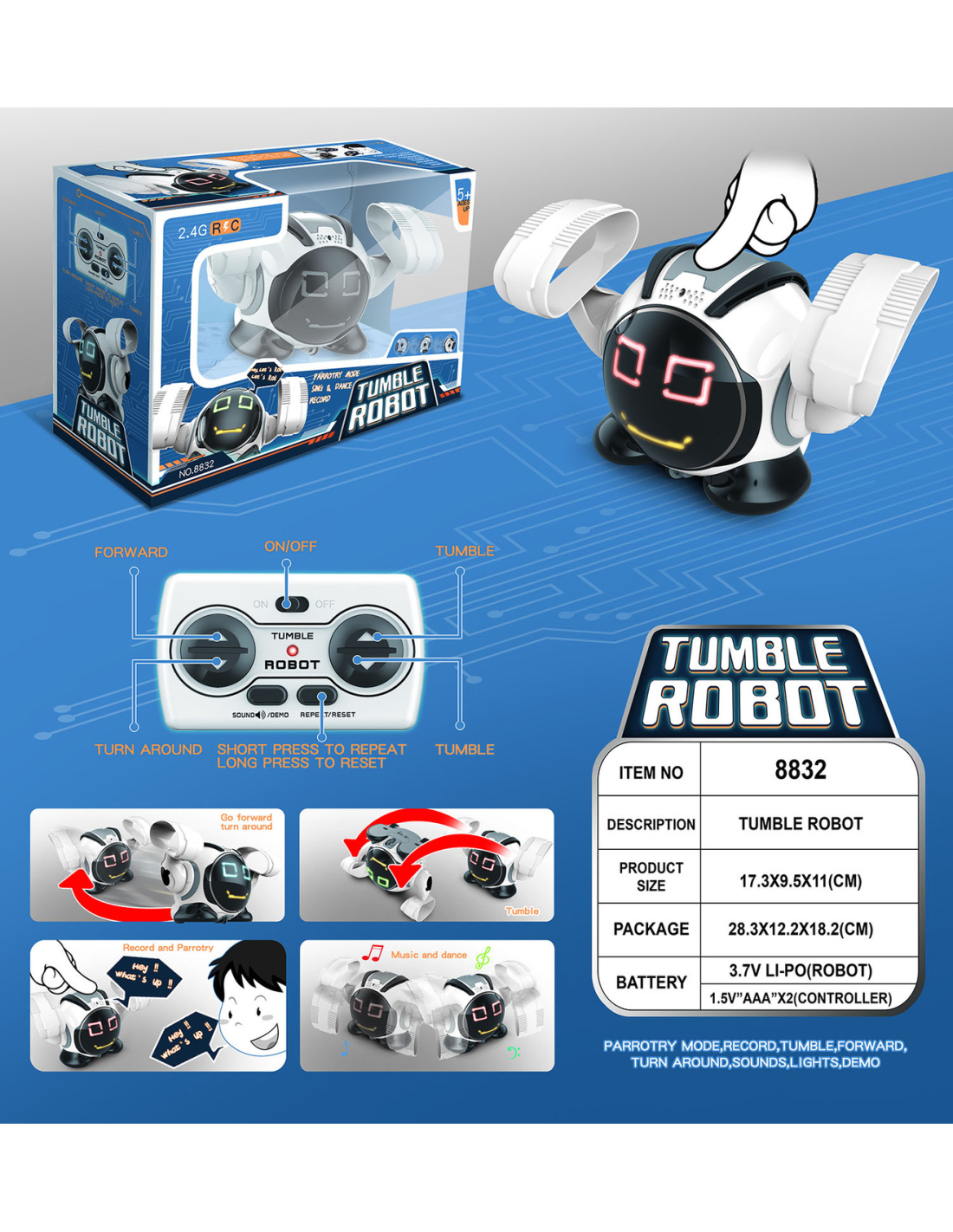 Robotas r/c Tumble su valdymo pultu atkartojantis garsus