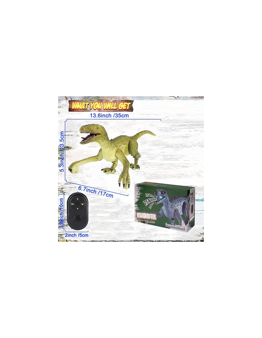 Dinozauras Velociraptor su valdymo pultu, garso ir šviesos efektais Dinozauras Velociraptor su valdymo pultu, garso ir šviesos efektais