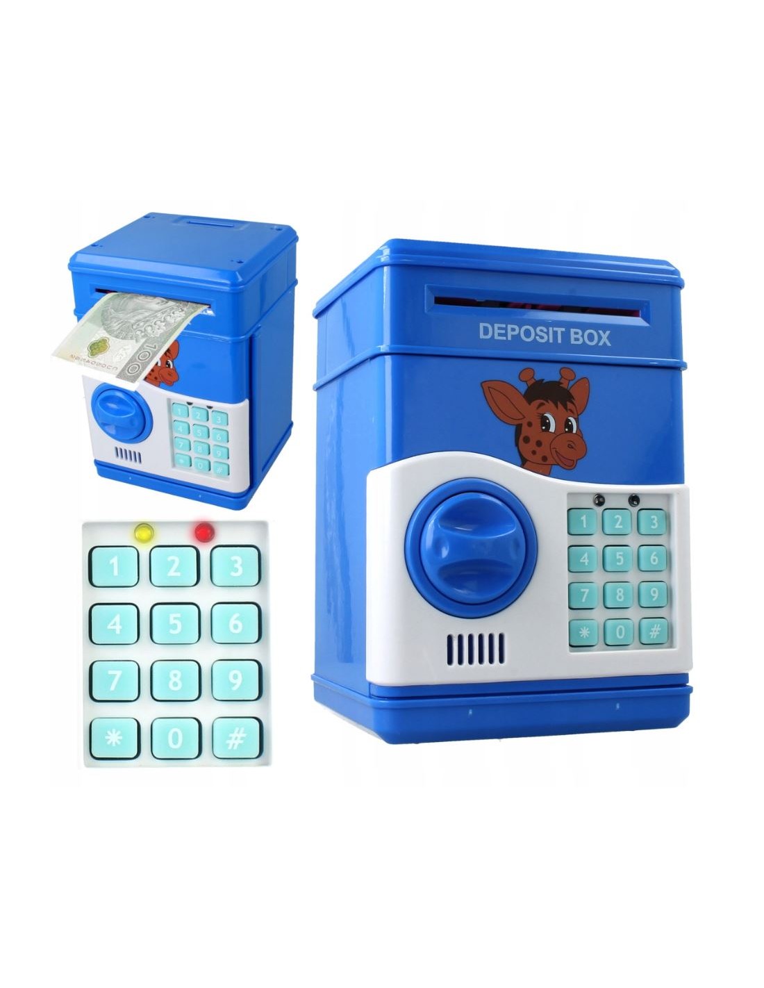 Taupyklė seifas vaikui elektroninė, garsai, su pin kodu, mėlyna spalva Taupyklė seifas vaikui elektroninė, garsai, su pin kodu, mėlyna spalva