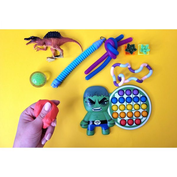 Žaislų rinkinys 3-7 m. vaikams, 10 vnt. Hulk pop it, fidget juostelės, gyvatėlė, dinozauras, modelinas