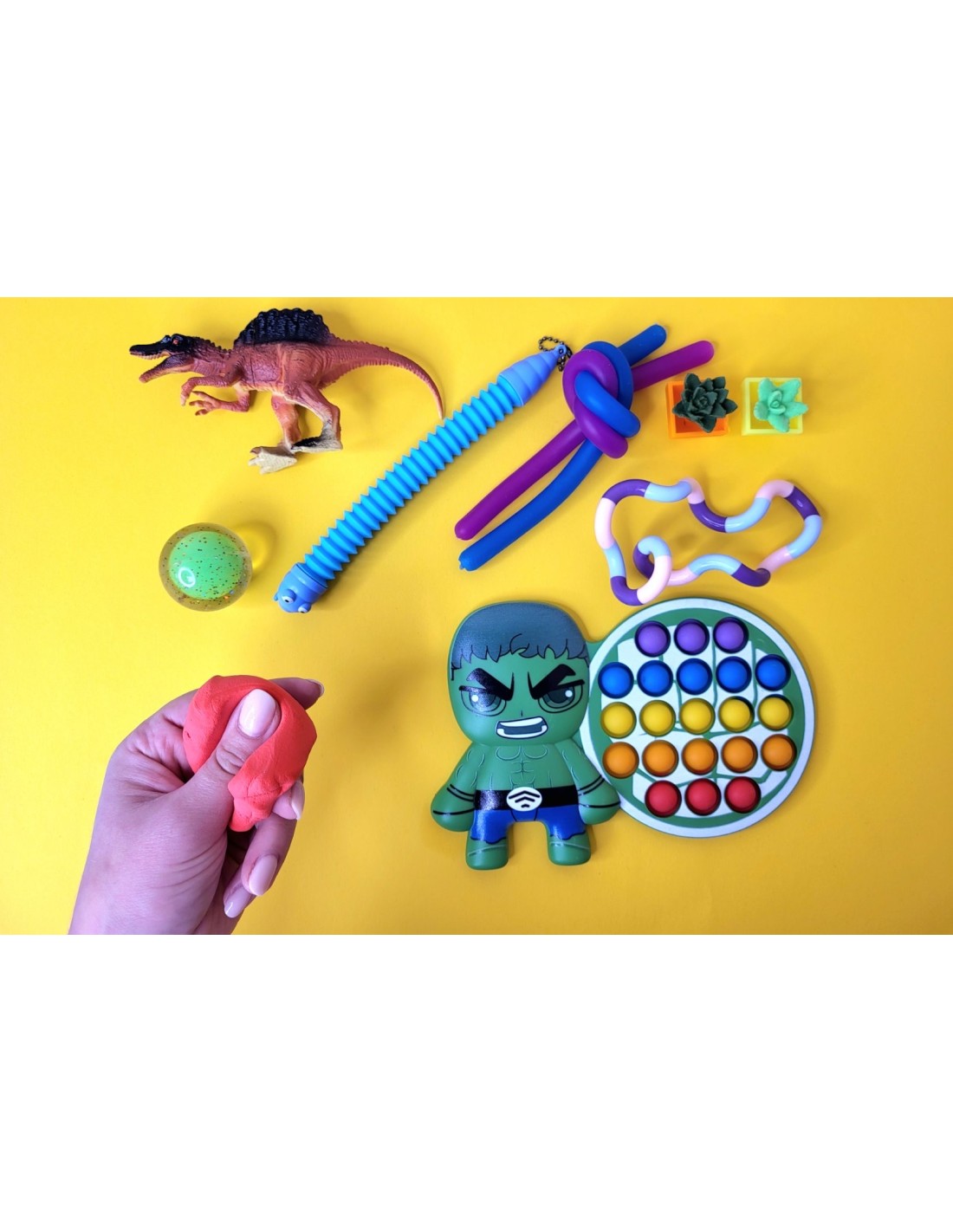 Žaislų rinkinys 3-7 m. vaikams, 10 vnt. Hulk pop it, fidget juostelės, gyvatėlė, dinozauras, modelinas