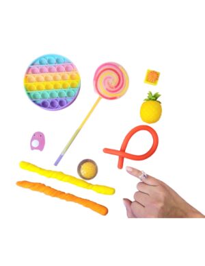 Žaislų rinkinys nykštukams 10 vnt., žiedelis, šviečiantis lollipop, tampomi minkomi fidget žaislai