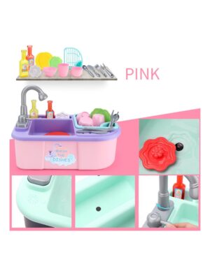 Didelė vaikiška kriauklė su bėgančiu vandeniu ir indeliais, 14 priedų, spalva rožinė