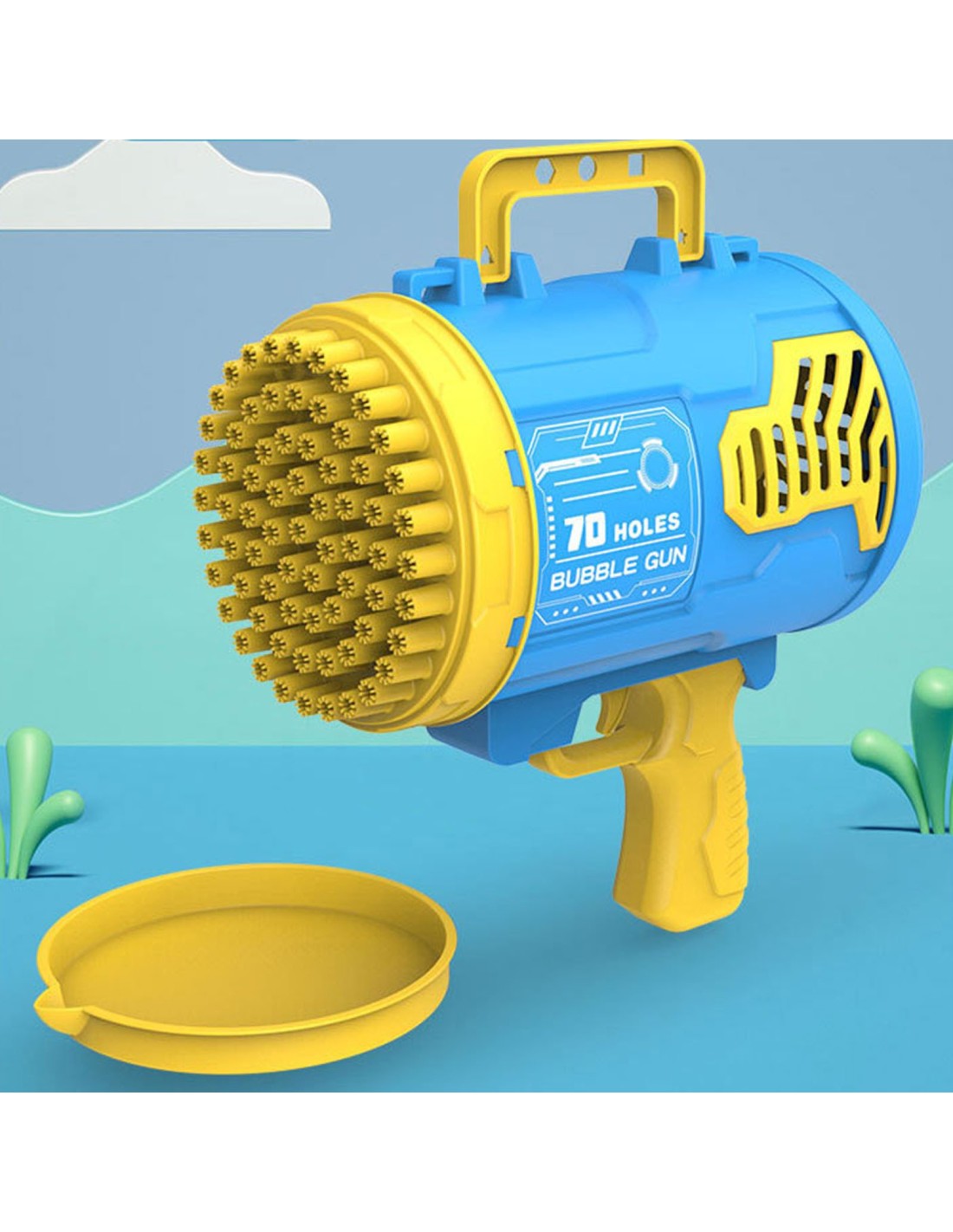 Didelis burbulų šautuvas 70 skylių, automatinis, šviečiantis, pakraunamas, spalva mėlyna Didelis burbulų šautuvas 70 skylių, automatinis, šviečiantis, pakraunamas, spalva mėlyna