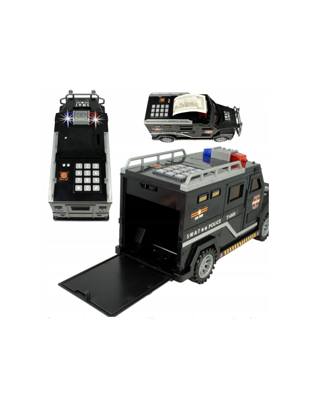 Taupyklė vaikui - policijos automobilis su PIN kodu, su šviesos efektais Taupyklė vaikui - policijos automobilis su PIN kodu, su šviesos efektais