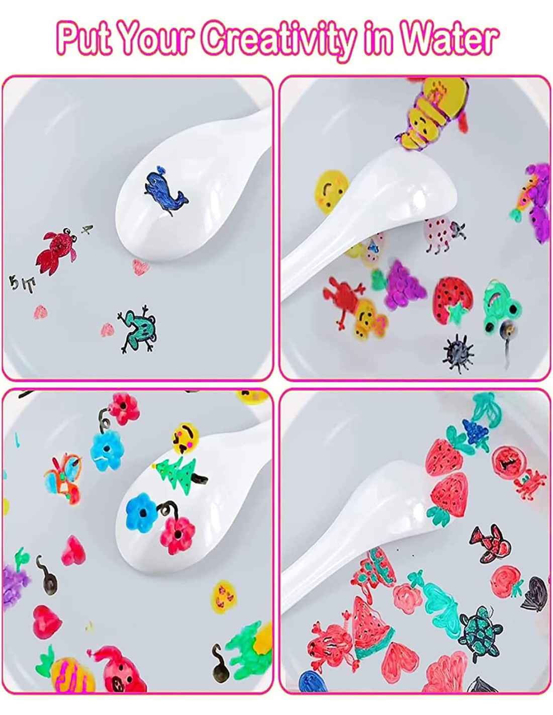 Magiški flomasteriai, plaukiojantys ant vandens piešiniai, rinkinyje yra 11 vnt. ir porcelianinis šaukštelis Magiški flomasteriai, plaukiojantys ant vandens piešiniai, rinkinyje yra 11 vnt. ir porcelianinis šaukštelis