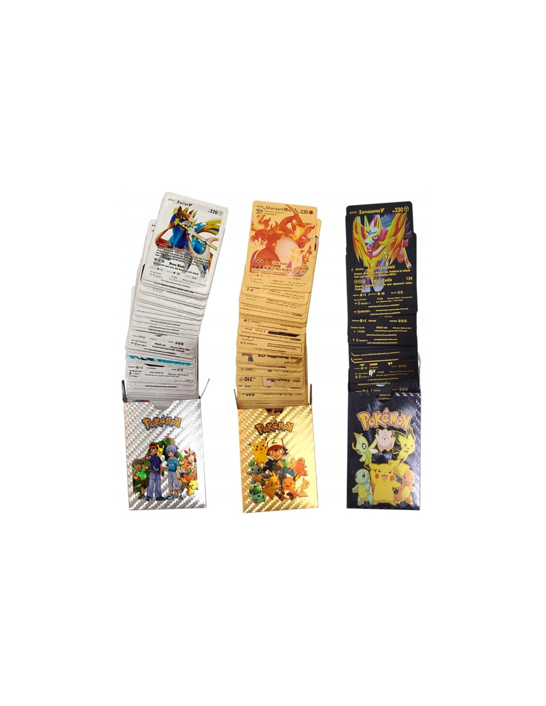 Pokemon kortos 165 vnt. kolekcija Charizard Vmax, juodos, auksinės ir sidabrinė spalvos pakuotės po 55 vnt.