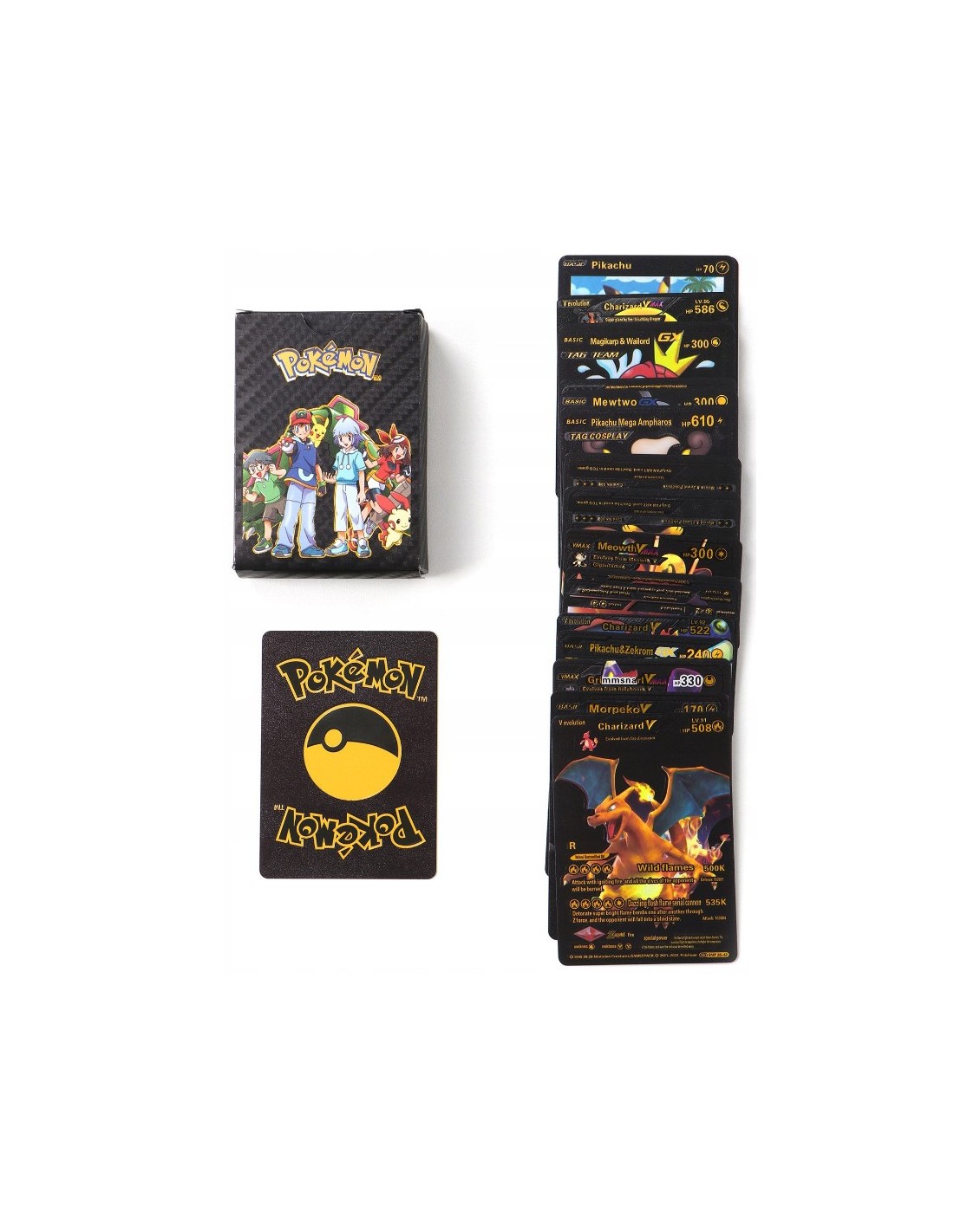 Pokemon kortos 165 vnt. kolekcija Charizard Vmax, juodos, auksinės ir sidabrinė spalvos pakuotės po 55 vnt. Pokemon kortos 165 vnt. kolekcija Charizard Vmax, juodos, auksinės ir sidabrinė spalvos pakuotės po 55 vnt.