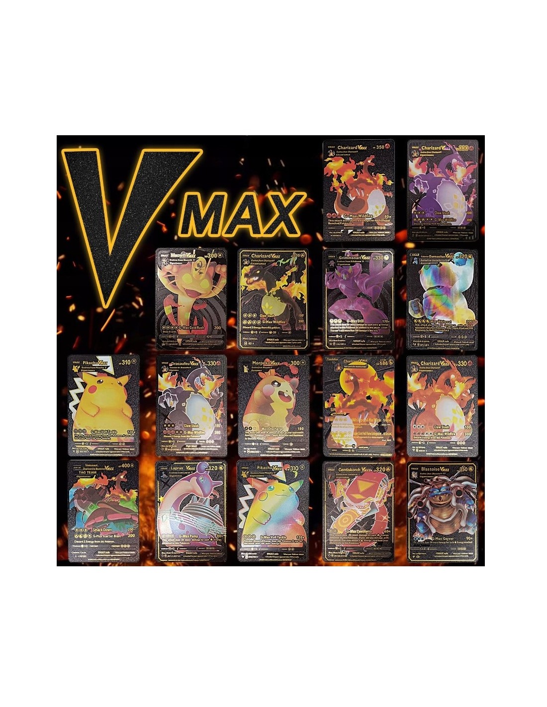 Pokemon kortos 165 vnt. kolekcija Charizard Vmax, juodos, auksinės ir sidabrinė spalvos pakuotės po 55 vnt.+ albumas 240 kortoms Pokemon kortos 165 vnt. kolekcija Charizard Vmax, juodos, auksinės ir sidabrinė spalvos pakuotės po 55 vnt.+ albumas 240 kortoms