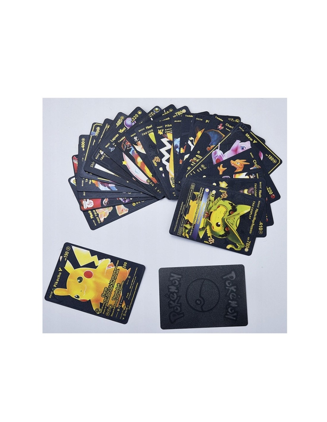 Pokemon kortos 165 vnt. kolekcija Charizard Vmax, juodos, auksinės ir sidabrinė spalvos pakuotės po 55 vnt.+ albumas 240 kortoms Pokemon kortos 165 vnt. kolekcija Charizard Vmax, juodos, auksinės ir sidabrinė spalvos pakuotės po 55 vnt.+ albumas 240 kortoms