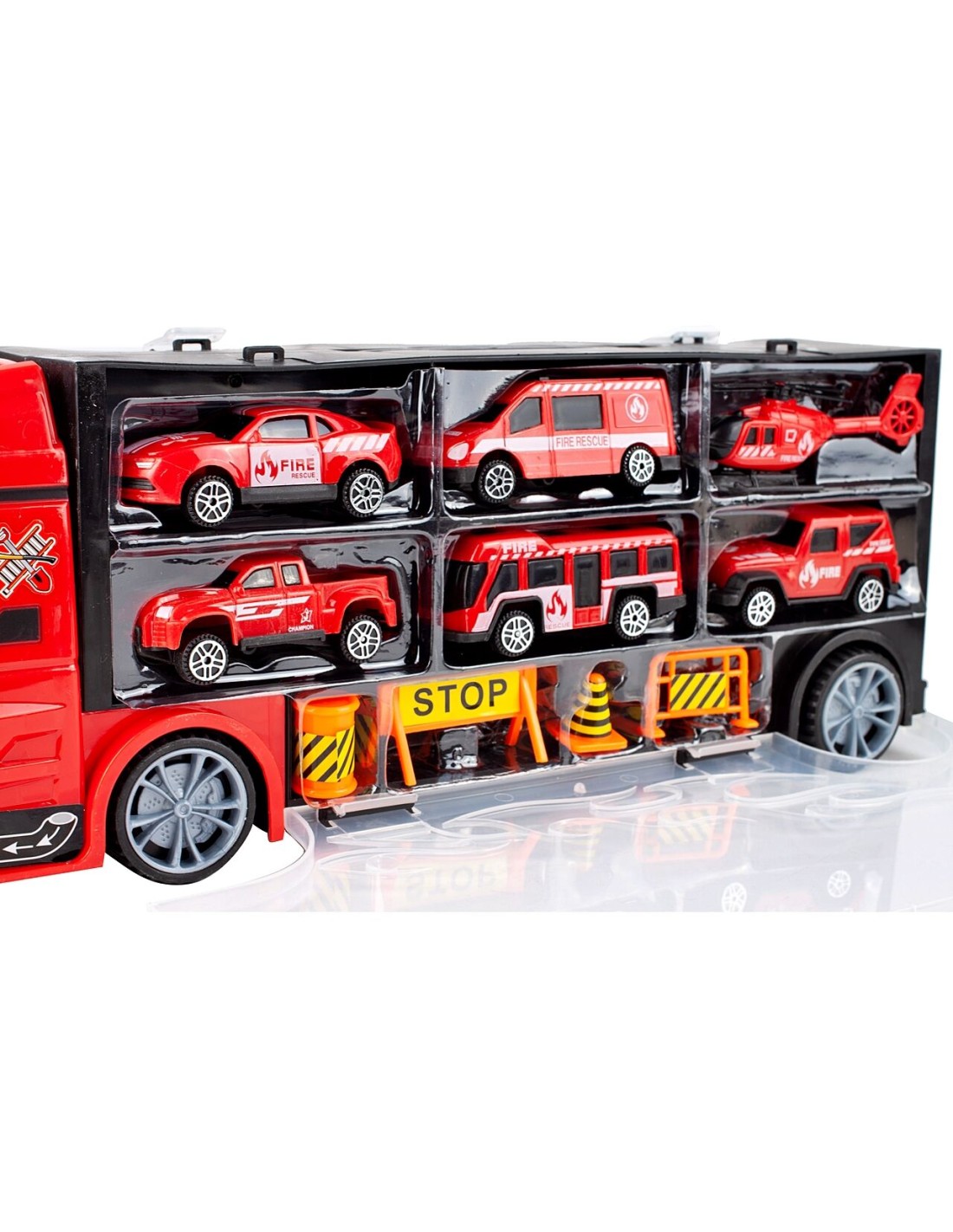 Gaisrinė vilkikas su kelio ženklais, rinkinyje 4 mašinos, malūnsparnis, autobusas Gaisrinė vilkikas su kelio ženklais, rinkinyje 4 mašinos, malūnsparnis, autobusas