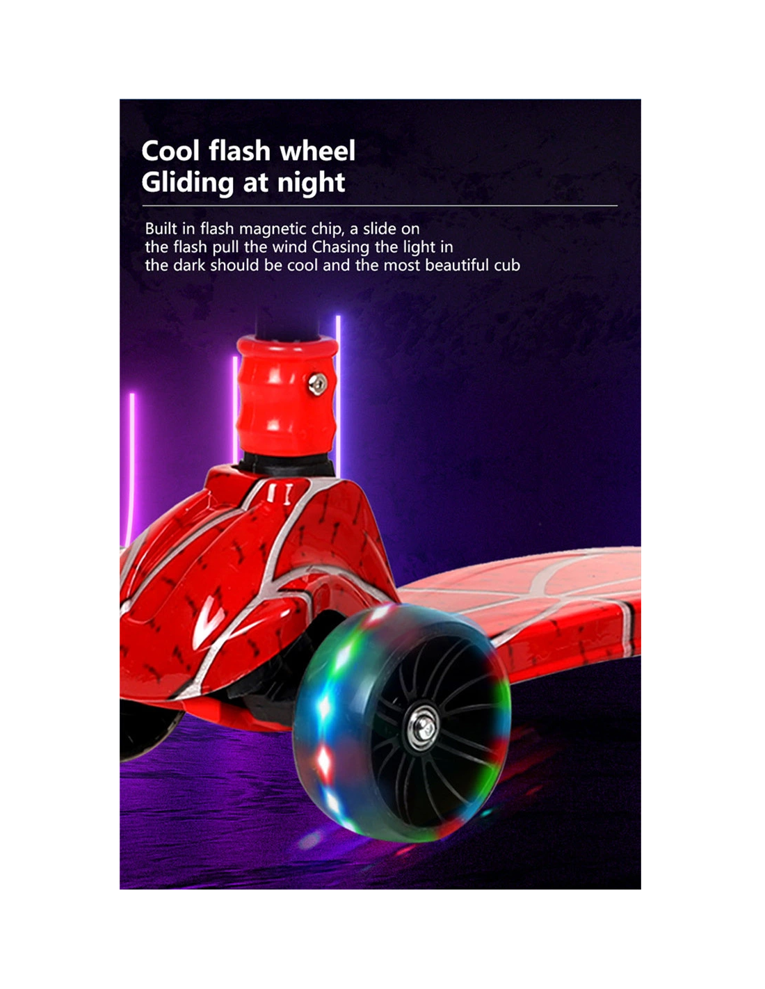 Paspirtukas 3 platūs ratai, LED šviečiantys, šviečianti lenta, raudona spalva Paspirtukas 3 platūs ratai, LED šviečiantys, šviečianti lenta, raudona spalva