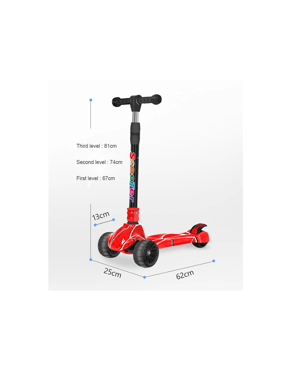 Paspirtukas 3 platūs ratai, LED šviečiantys, šviečianti lenta, raudona spalva Paspirtukas 3 platūs ratai, LED šviečiantys, šviečianti lenta, raudona spalva