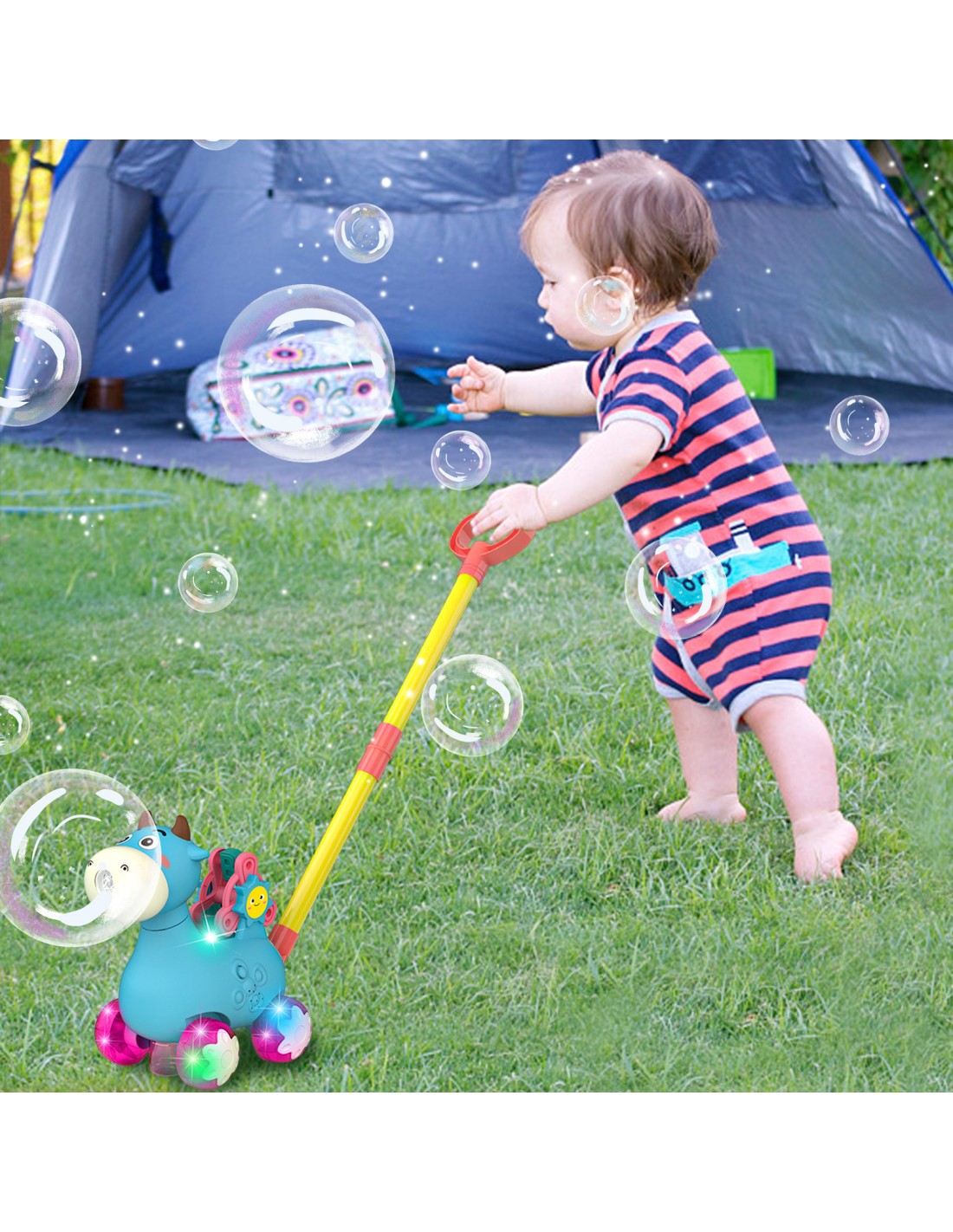 Muilo burbulai - stumdukas, LED šviesos ir garso efektai, mėlyna spalva Muilo burbulai - stumdukas, LED šviesos ir garso efektai, mėlyna spalva