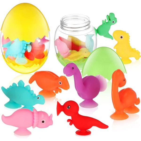 Prilimpantys sticky žaislai kiaušinyje, dinozaurai 10 vnt., tinkami vonioje, limpa prie stiklo