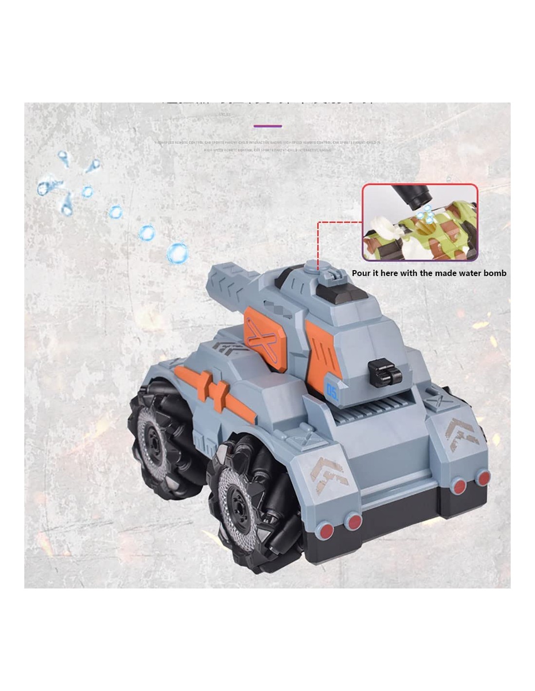 RC tankas šaudantis vandens kukomis, valdomas laikrodžiu ir pultu, su taikiniu