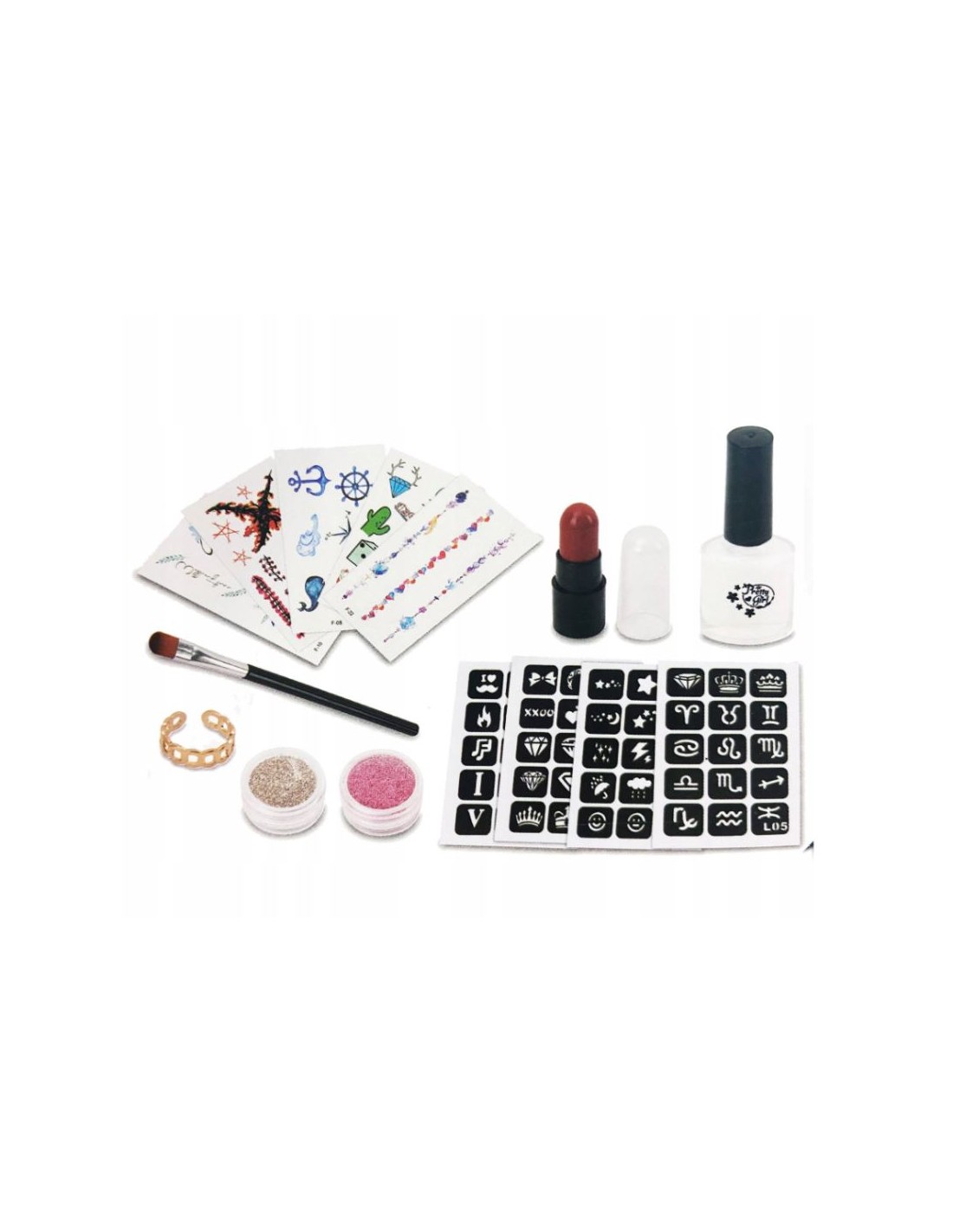 Laikinų tatuiruočių rinkinys su blizgučiais ir priedais