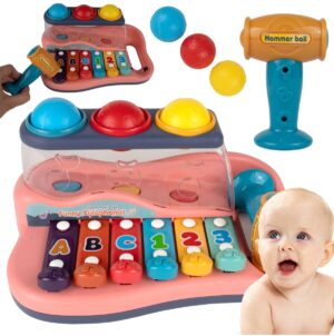 Metalofonas su kamuoliukais ir plaktuku spalvų pažinimui