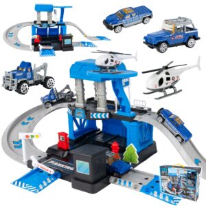 Trasa garažas policijos malūnsparnis ir mašinos