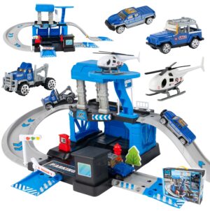 Trasa garažas policijos malūnsparnis ir mašinos